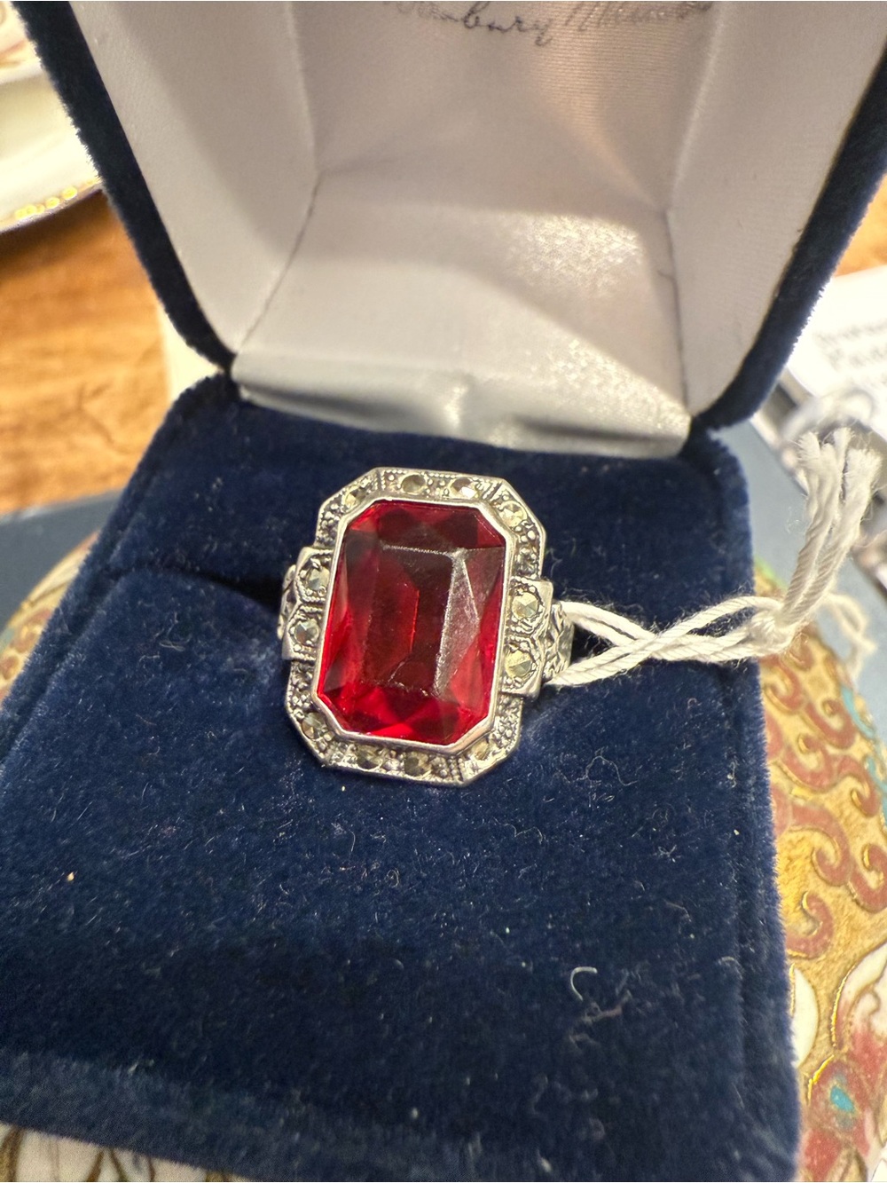 Vintage Art Deco Style Ruby Red Cocktail Ring Silver Tone Statement Ring